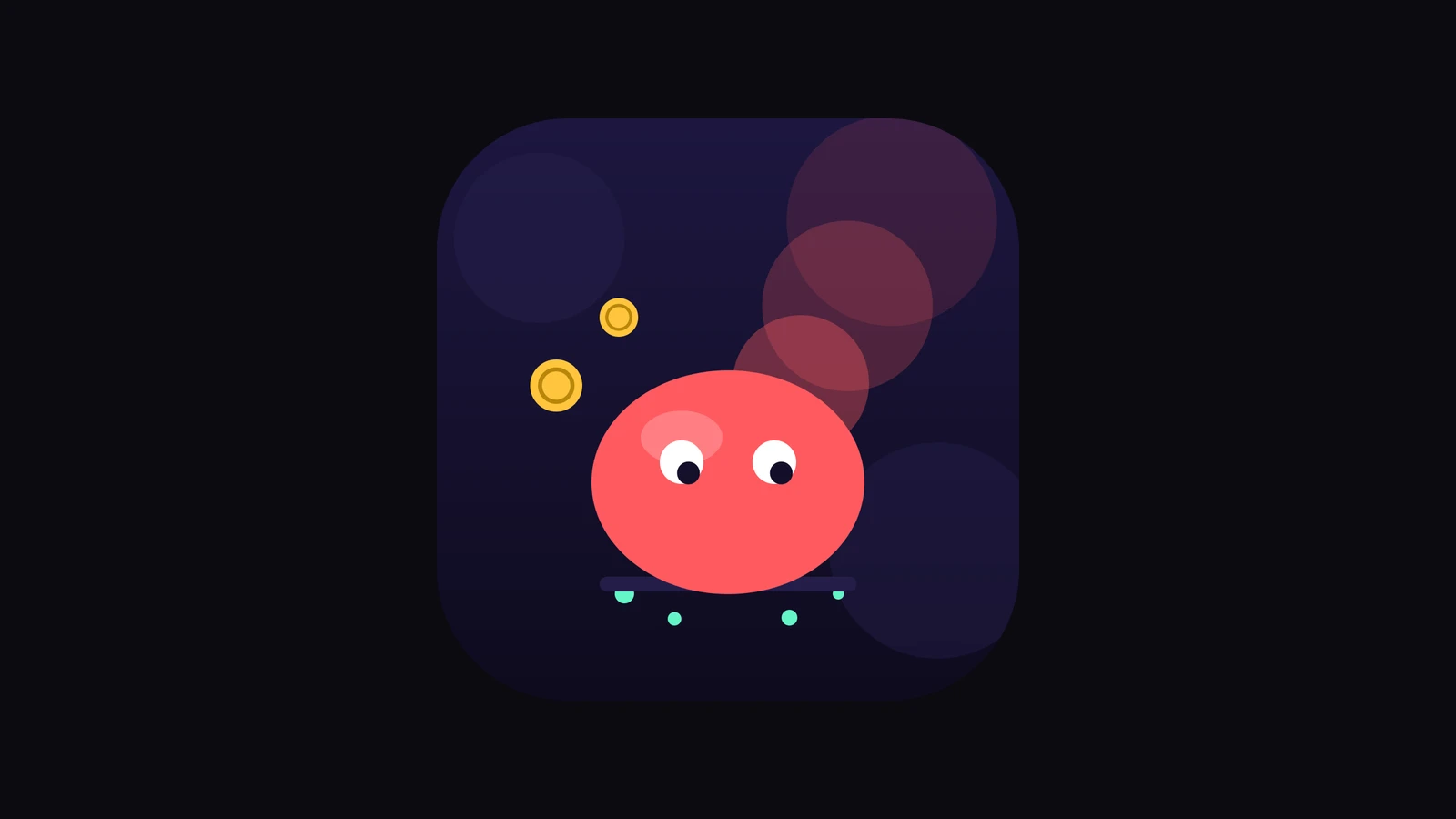 The Bounce Tax app icon: a round red ball with cartoon eyes resting on a platform against a deep navy shaft, with gold coins falling past it.