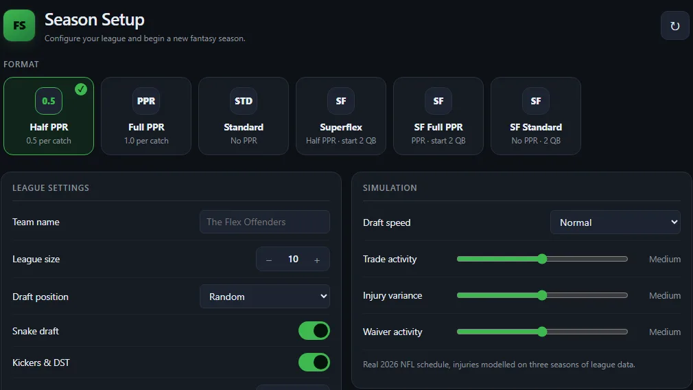 The Fantasy Squared season setup screen, showing the scoring-format tiles and the league settings and simulation panels.