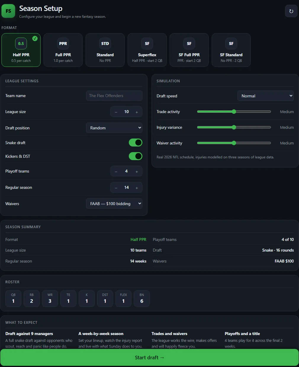 The Fantasy Squared season setup screen, with scoring-format tiles, league settings, simulation sliders for trade, injury and waiver activity, and a season summary.