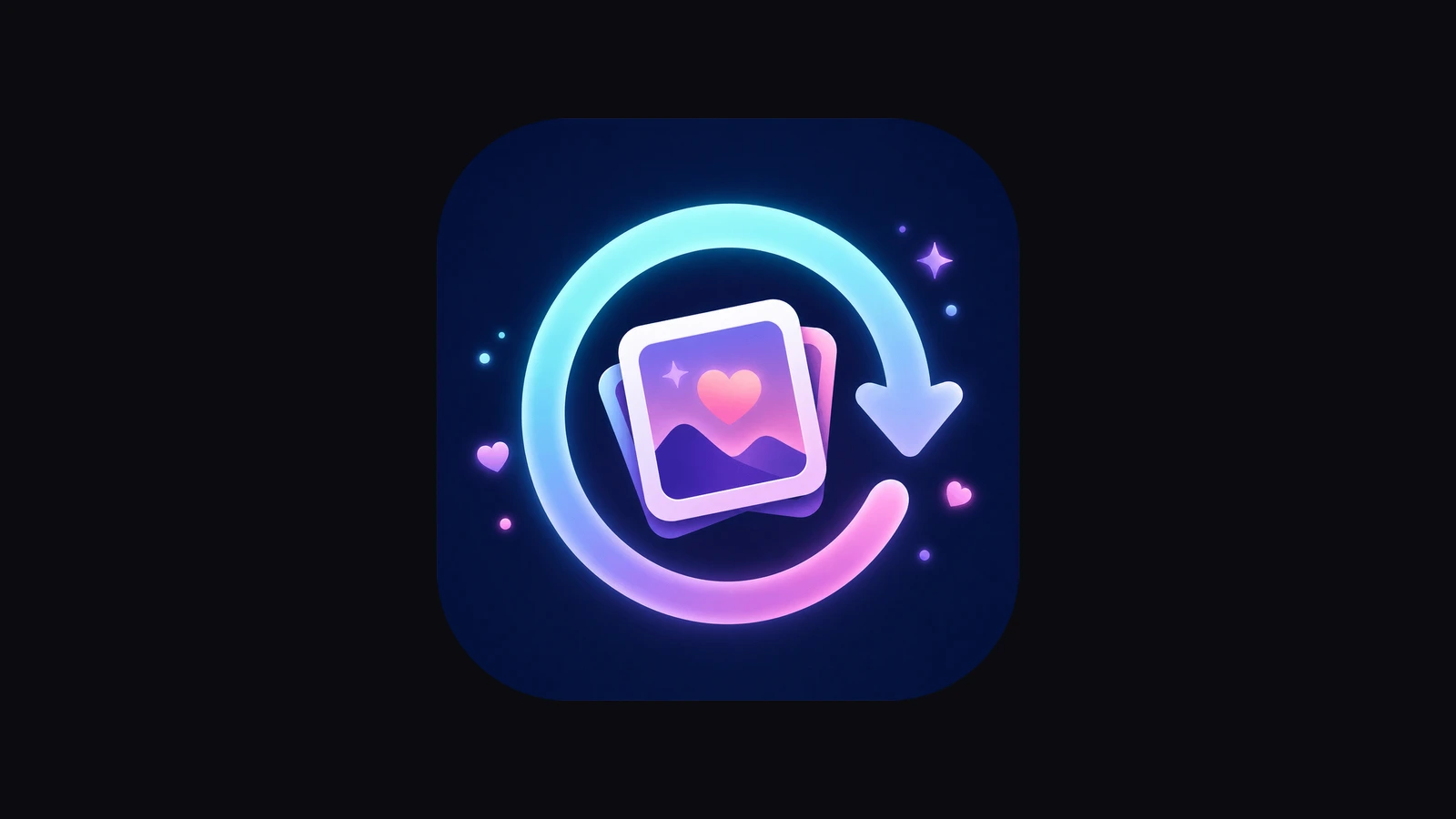 The Flashbackz app icon: a stack of photo cards inside a looping arrow, in cyan and pink on deep navy.