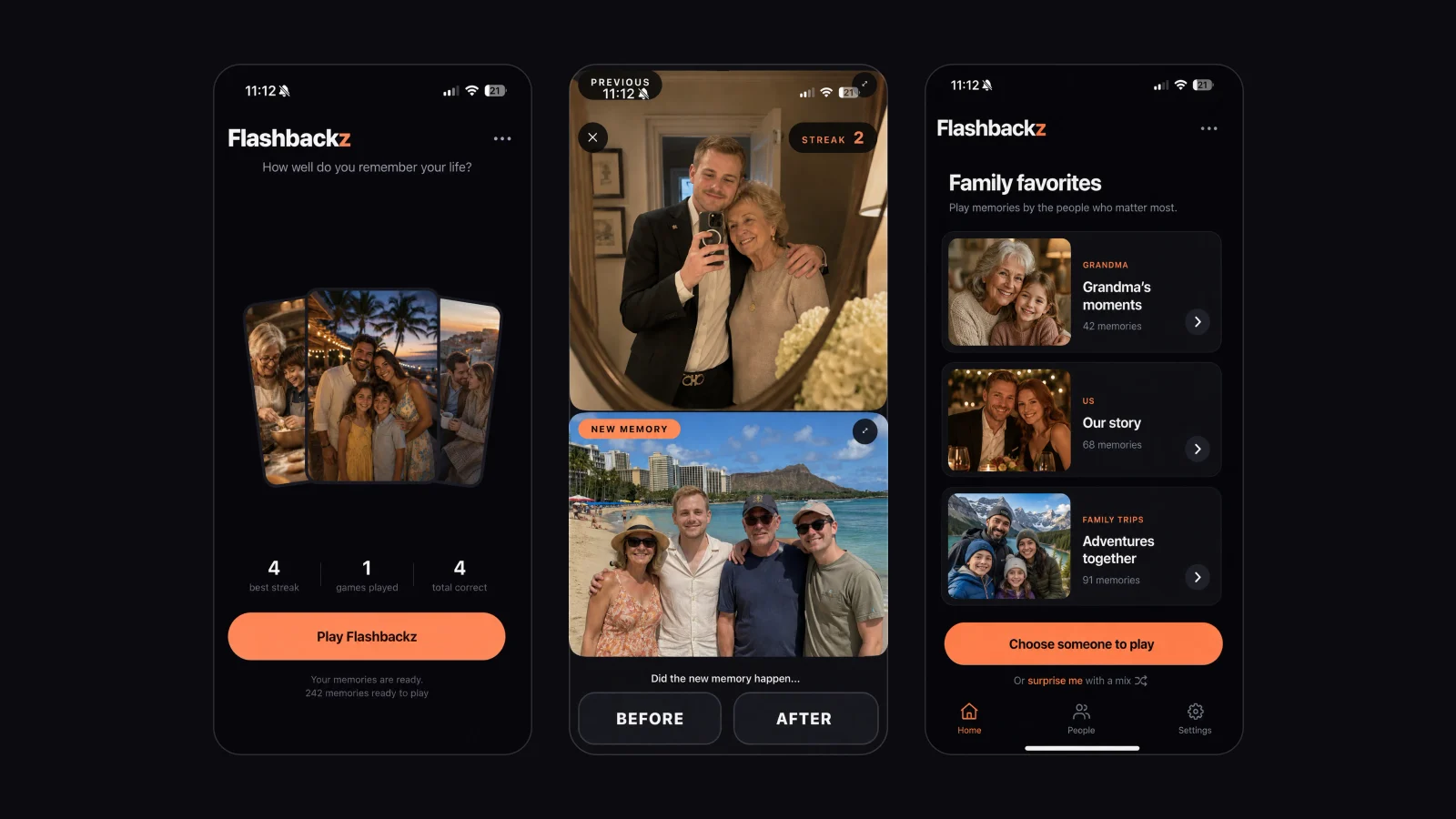 Three Flashbackz screens side by side: the home screen headed "How well do you remember your life?", a Before/After round asking whether the new memory happened before or after the previous one, and a "Family favorites" screen listing memory sets by person.