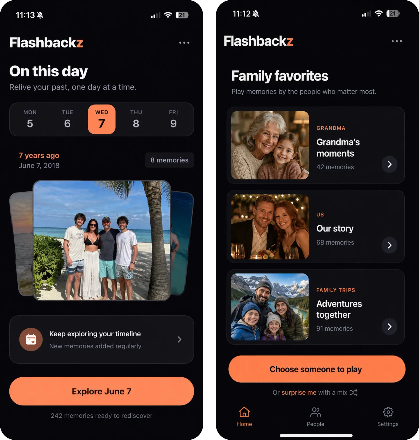 Two Flashbackz screens: an 
