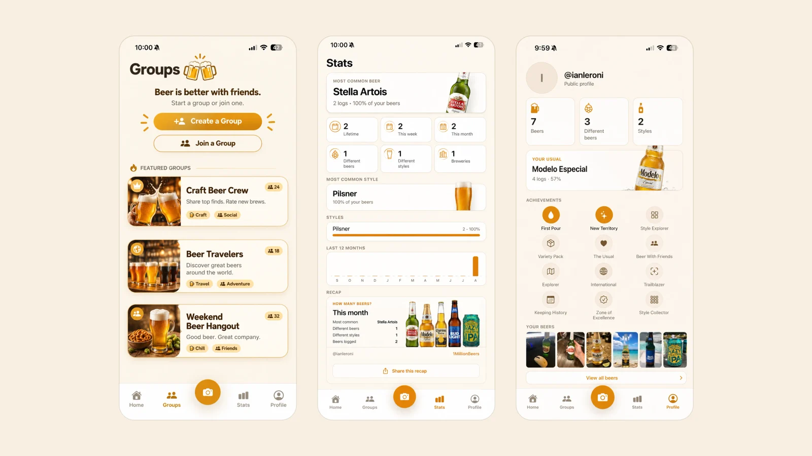 Three screens from the beer tracker side by side: a Groups screen headed "Beer is better with friends.", a Stats screen with most-common beer, lifetime counts and a twelve-month chart, and a public profile with beer counts, achievements and a photo history.