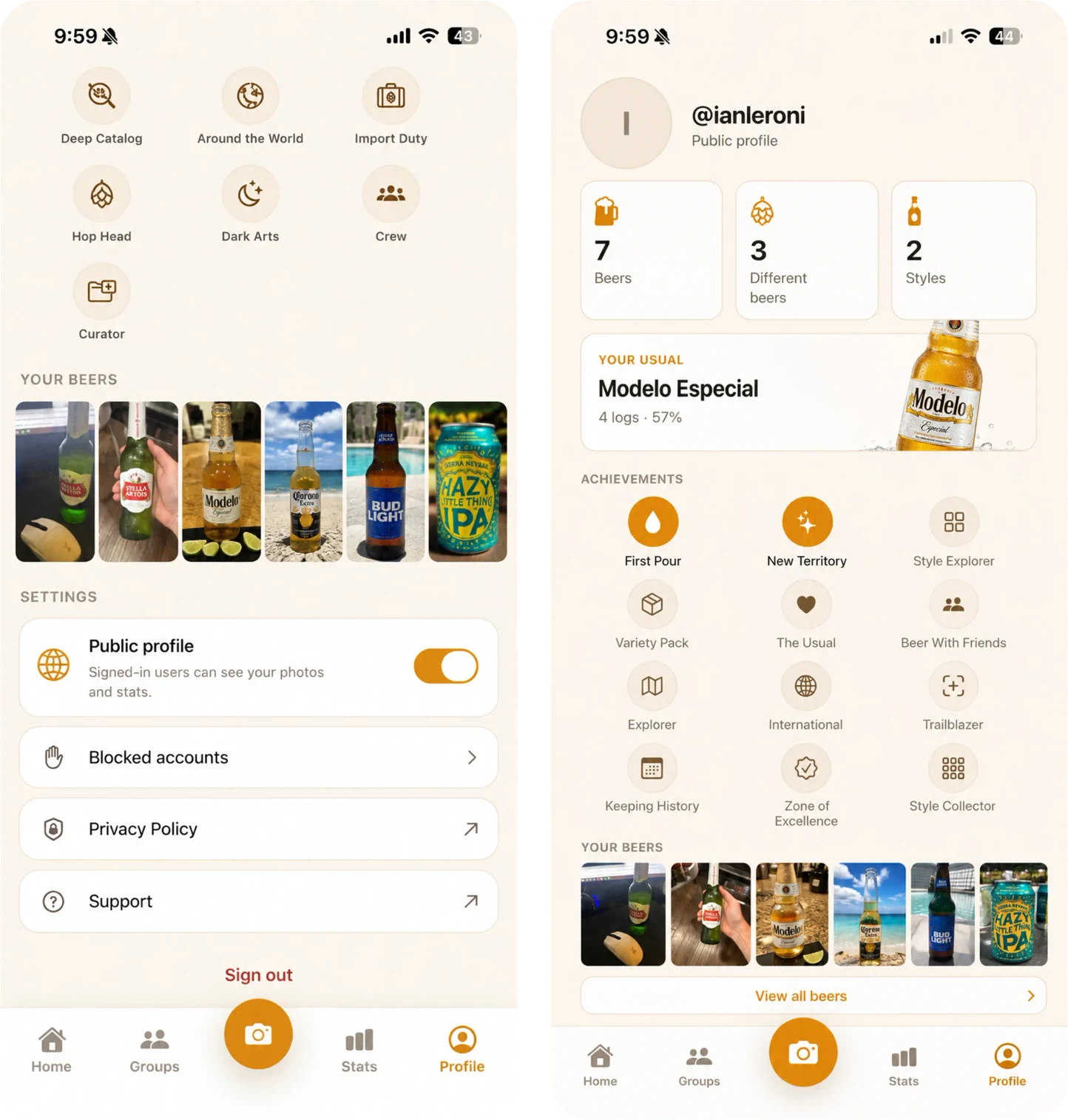 Two How Many Beers screens: a settings screen with a Public profile toggle, blocked accounts, privacy policy and support links, and a public profile showing beer counts, achievements and a photo history.