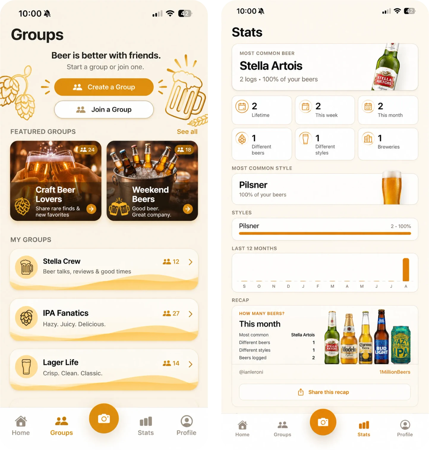 Two How Many Beers screens: a Groups screen with featured and joined groups, and a Stats screen showing most common beer, lifetime and weekly counts, style breakdown and a twelve-month chart.