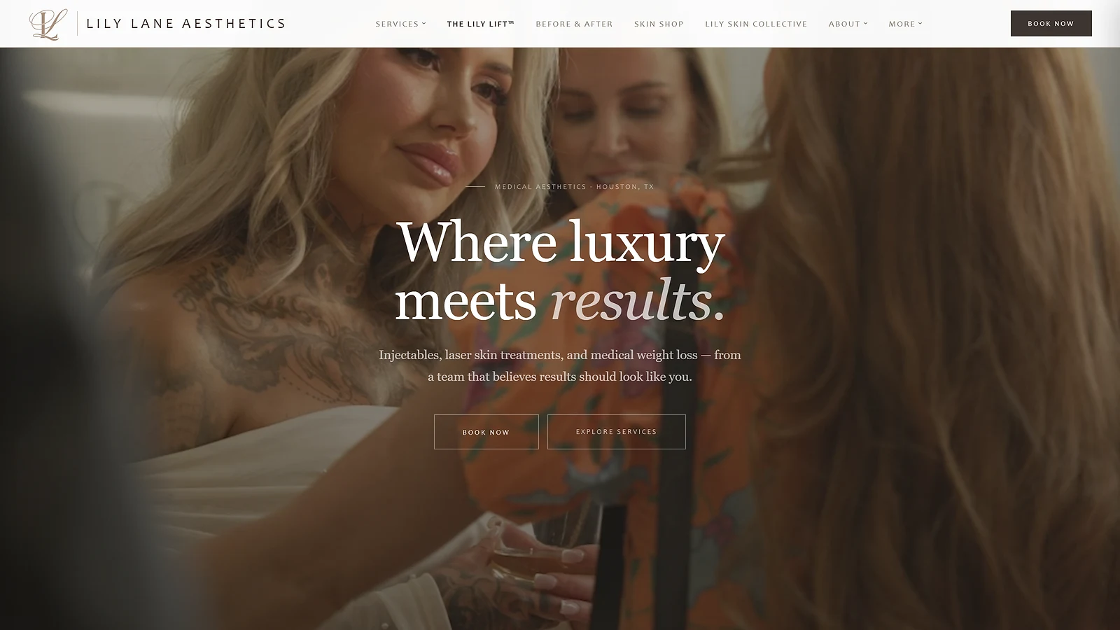 The Lily Lane Aesthetics homepage: the site navigation above a full-bleed photograph of clients in the clinic, headlined "Where luxury meets results." with Book Now and Explore Services buttons.