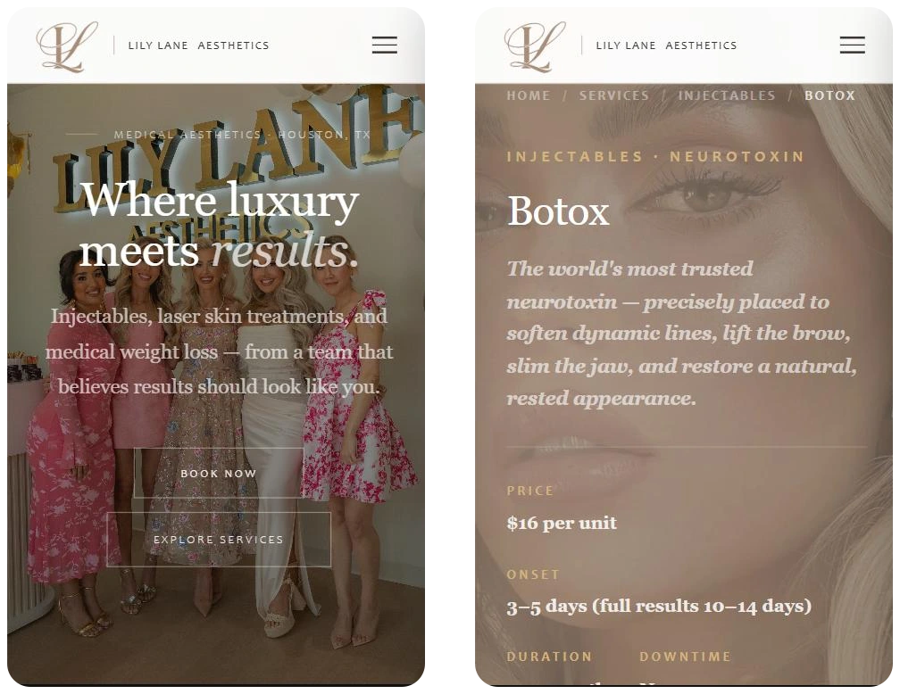 Two narrow-screen views side by side: the homepage hero, where a portrait photograph fills the frame beneath the headline, and the Botox treatment page, where the breadcrumb, title and specification list stack in a single column.