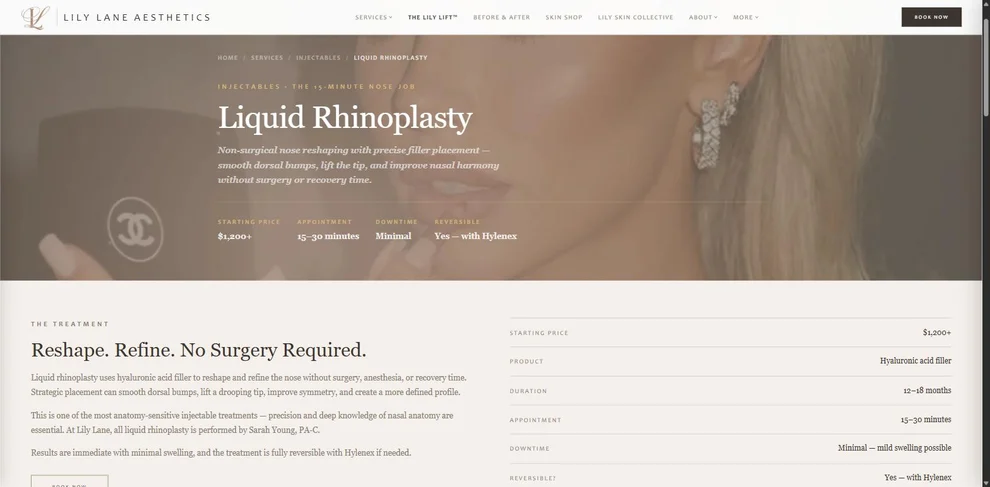 The Liquid Rhinoplasty treatment page: an editorial full-bleed hero with the breadcrumb trail Home / Services / Injectables / Liquid Rhinoplasty, a four-item summary strip, and a specification rail listing starting price, product, duration, appointment length, downtime, reversibility and provider.