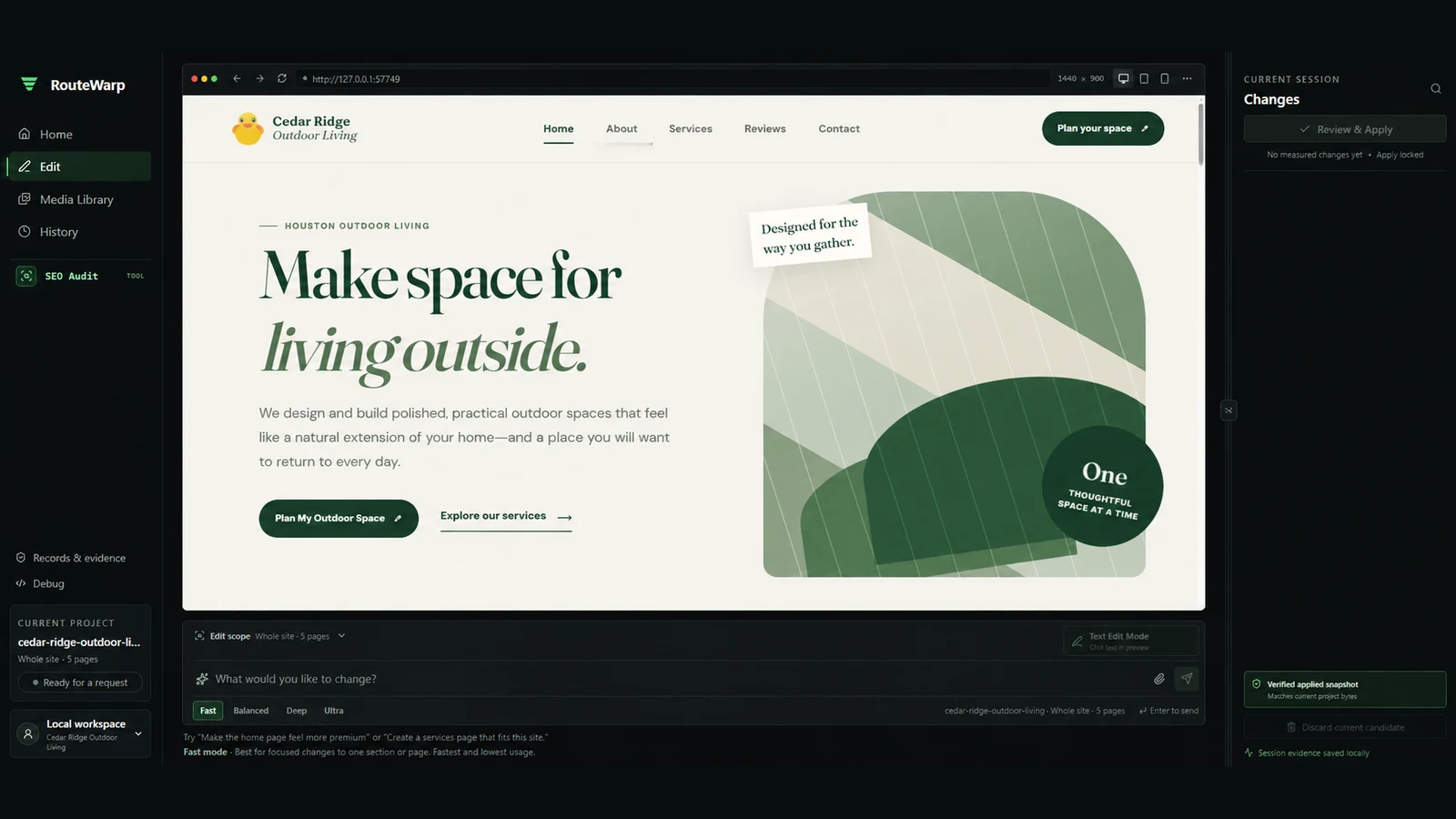 The RouteWarp workspace on its Edit screen: the sidebar navigation beside a 1440×900 preview of the Cedar Ridge Outdoor Living homepage, a request box below it scoped to the whole five-page site, and a session panel on the right showing Review & Apply and a verified applied snapshot.