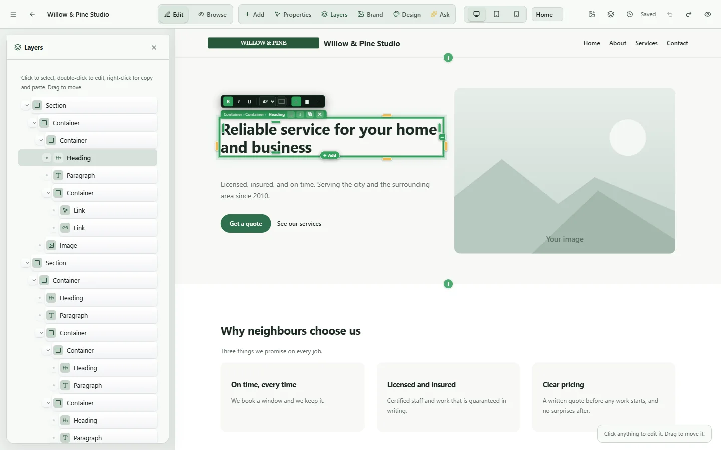 The RouteWarp editor: a Layers tree on the left listing Section, Container, Heading, Paragraph, Link and Image rows, and the website filling the rest of the window with a heading selected — a green selection ring, a floating text toolbar with bold, italic, underline, size and alignment, amber and green spacing handles on its edges, and an Add pill on its bottom edge.