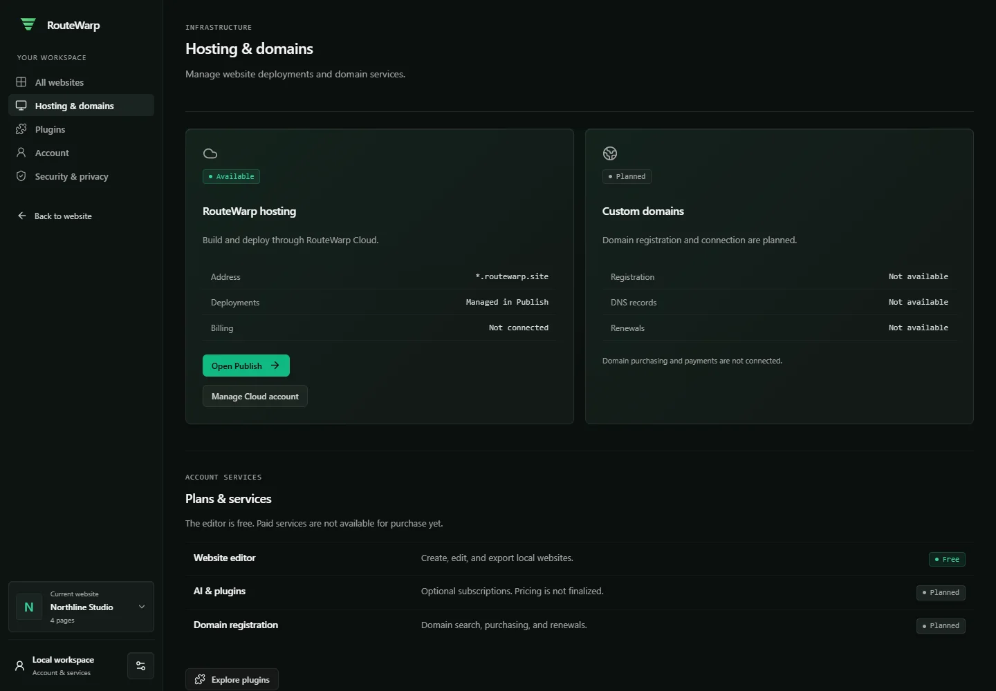 The Hosting and domains screen: a RouteWarp hosting card marked Available with the address *.routewarp.site, deployments managed in Publish and billing Not connected; a Custom domains card marked Planned with registration, DNS records and renewals all Not available; and a Plans and services list showing the website editor as Free and AI, plugins and domain registration as Planned.