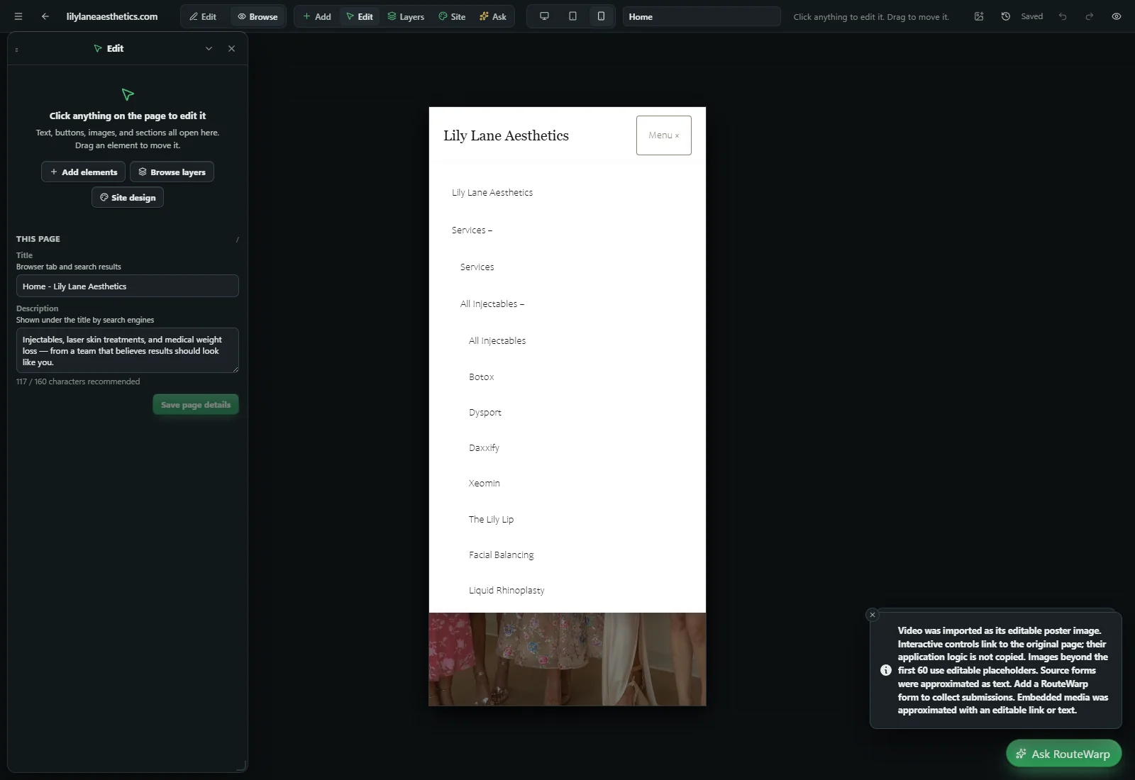 A 37-page imported site open in the RouteWarp editor at phone width, showing a native nested menu with Services and All Injectables expanded above Botox, Dysport, Daxxify, Xeomin and other pages, beside an Edit panel carrying the imported page title and description, and a notice listing what the import approximated.