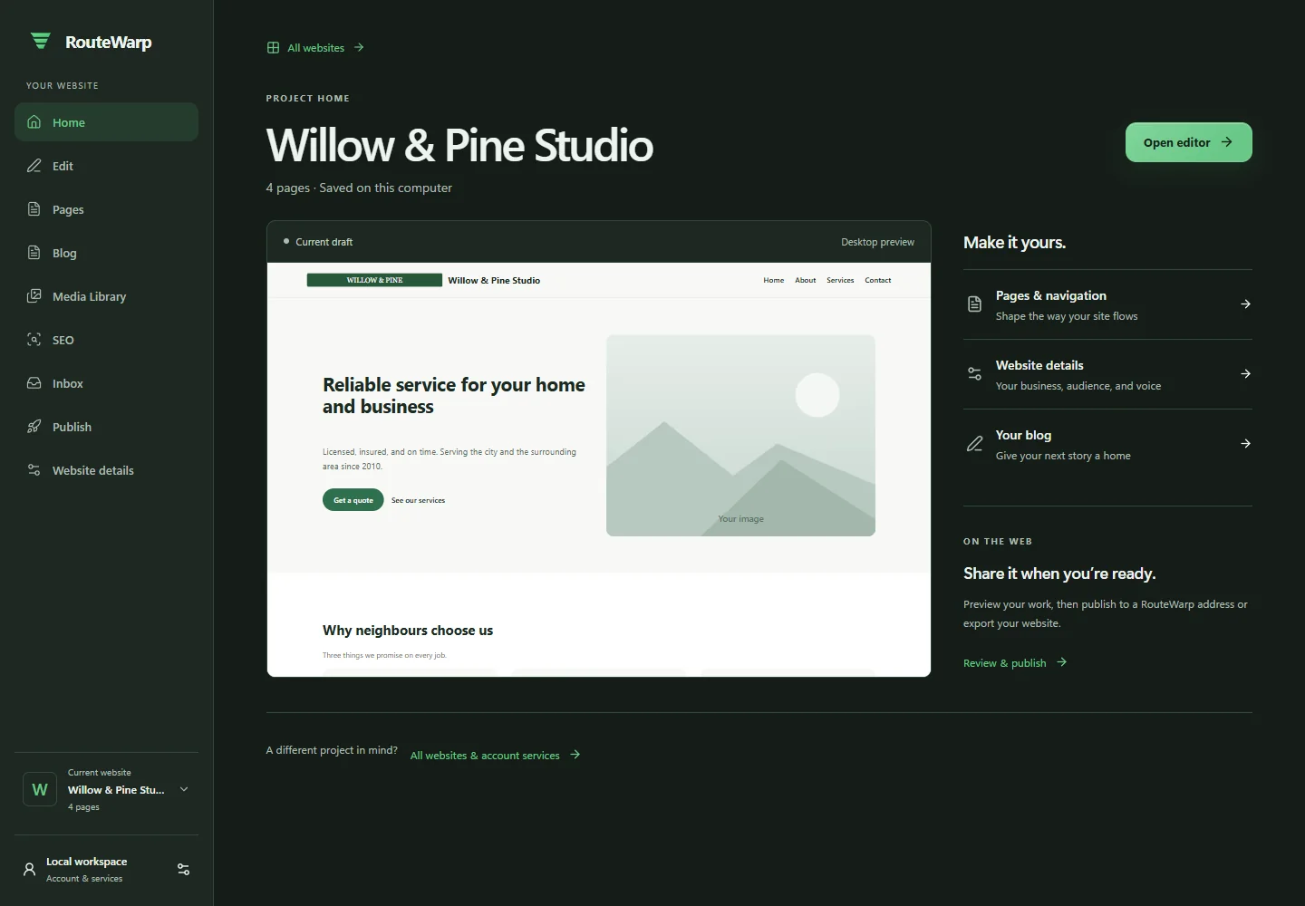 The RouteWarp project workspace on Project Home: a left sidebar with Home, Edit, Pages, Blog, Media Library, SEO, Inbox, Publish and Website details, the heading "Willow & Pine Studio" with "4 pages · Saved on this computer", a desktop draft preview of the site, and panels headed "Make it yours." and "Share it when you're ready."