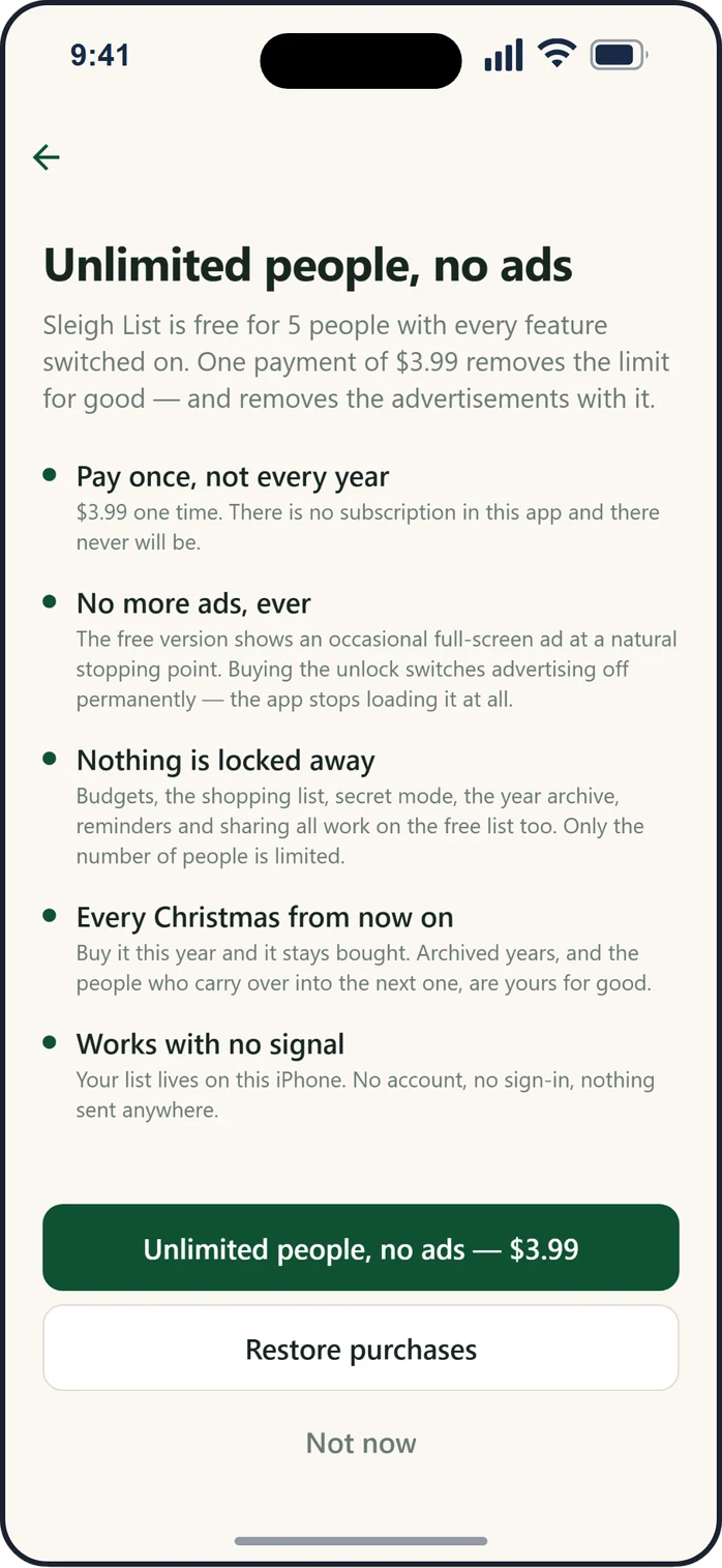 The Sleigh List unlock screen headed 'Unlimited people, no ads', with five points covering one-time pricing, permanent ad removal, nothing being feature-gated, keeping the unlock every Christmas, and working with no signal, above a button reading 'Unlimited people, no ads — $3.99'.