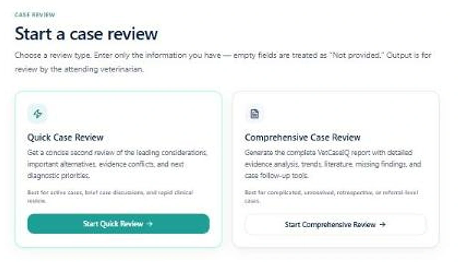 The Start a case review screen, offering a Quick Case Review and a Comprehensive Case Review, with the instruction to enter only the information you have because empty fields are treated as 