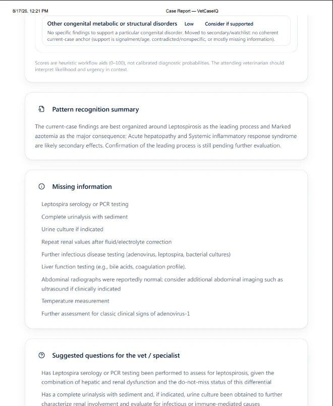A pattern recognition summary followed by a missing information list — Leptospira serology or PCR, complete urinalysis with sediment, urine culture, repeat renal values after correction, further infectious disease testing, liver function testing, additional imaging, temperature measurement — and the start of a suggested questions section.