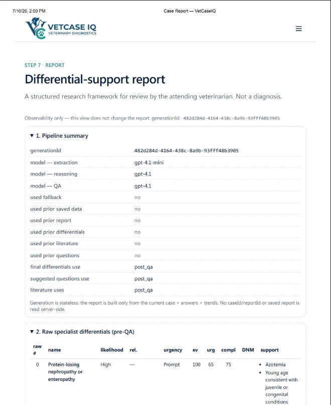 An observability view of one generation: a pipeline summary table listing the generation id, the model used for extraction, reasoning and QA, whether fallback or prior saved data was used, and that the final differentials, suggested questions and literature all come from post-QA, above the start of a raw pre-QA differentials table.