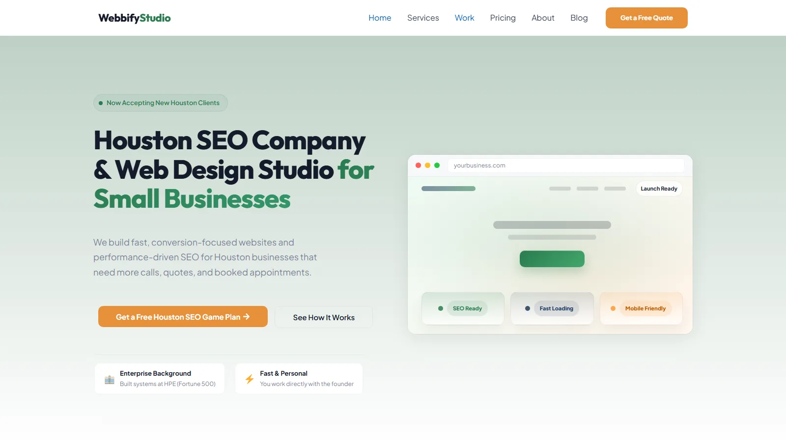 The Webbify Studio homepage, headlined "Houston SEO Company & Web Design Studio for Small Businesses" beside an illustrated browser mockup.